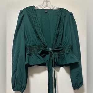 Green Tie Front Ruffled Blouse. Size 12